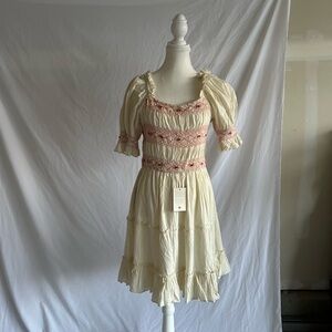Ivy City Liesl Cream and Pink Embroidered Smocked Puff Sleece Women's Dress